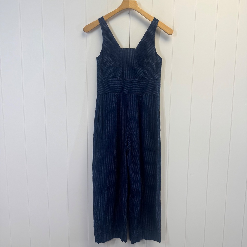 Banana Republic Boho Pinstripe Linen Blend Jumpsuit Womens Size 00P Coastal Chic